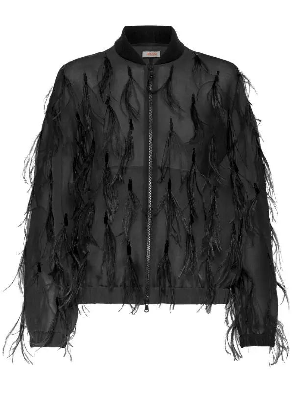 Feather-Embellished Silk Organza Bomber Jacket Branna Couture