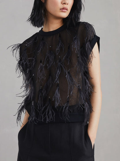 Feather-Embellished Knit-Trim Silk Top in Black