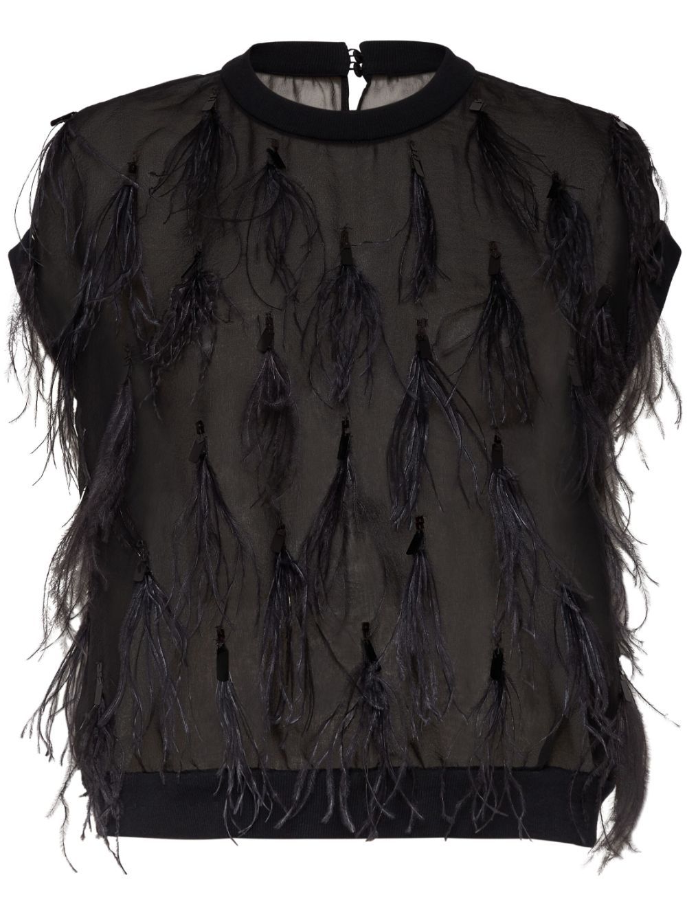 Feather-Embellished Knit-Trim Silk Top in Black