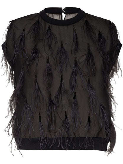 Feather-Embellished Knit-Trim Silk Top in Black