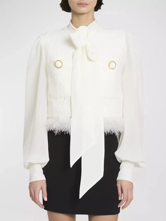 Feather Fringed Tweed Jacket with Blouse-Sleeves and Neck Tie - Branna Couture