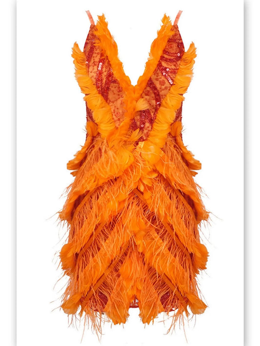 Feather-Trim Sequin-Embellished Mini Dress in Orange - Branna Couture