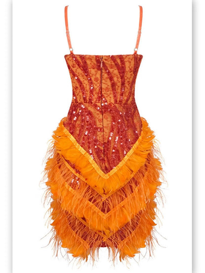 Feather-Trim Sequin-Embellished Mini Dress in Orange - Branna Couture