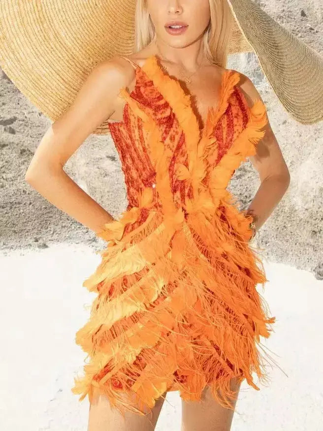 Feather-Trim Sequin-Embellished Mini Dress in Orange - Branna Couture