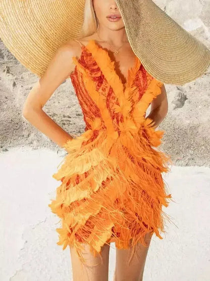 Feather-Trim Sequin-Embellished Mini Dress in Orange - Branna Couture