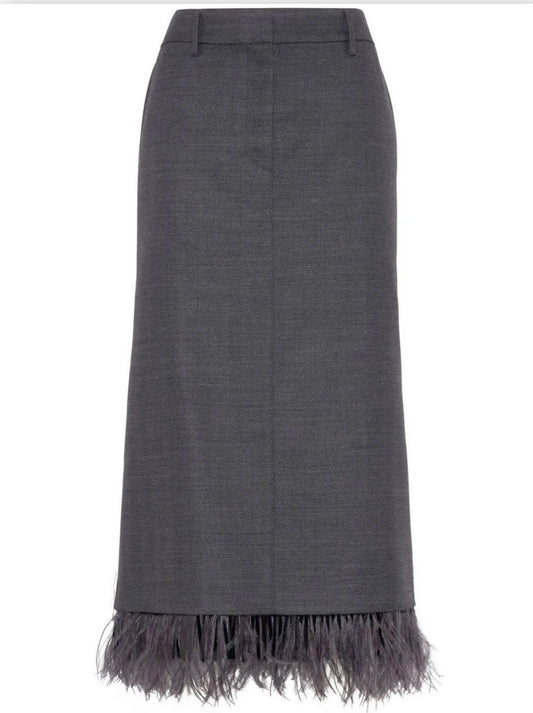 Feather-Trim Wool Pencil Midi Skirt - Branna Couture