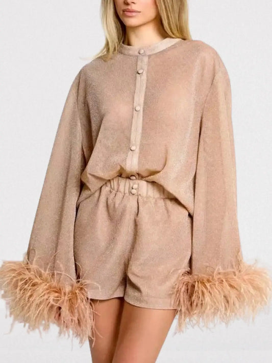 Feather-Trim Shimmer Button-Up Top - Tops