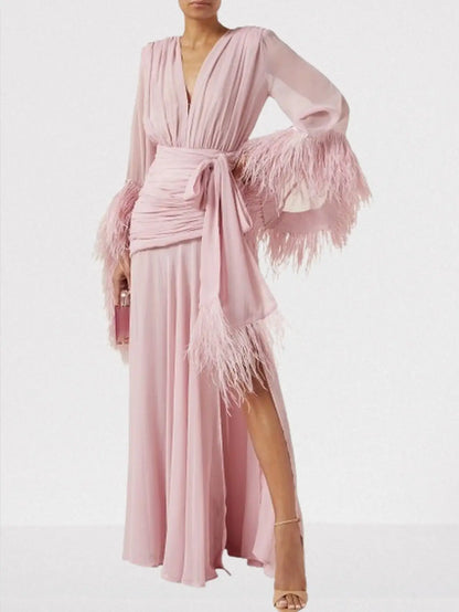 Feather-Trim Gathered V-Neck Gown - Dresses