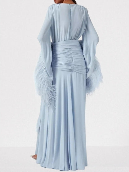 Feather-Trim Gathered V-Neck Gown - Dresses