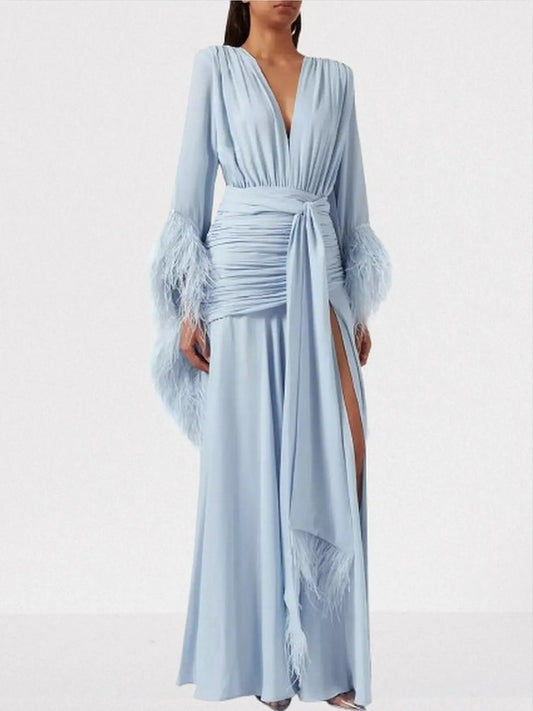 Feather-Trim Gathered V-Neck Gown - XS / Pale Blue - Dresses