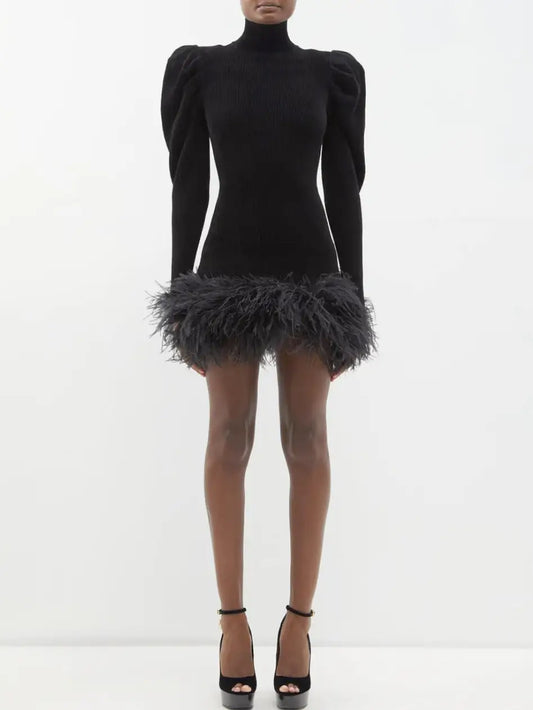 Feather-Trim Puff-Sleeve Rib Knit Mini Dress - S - Dresses