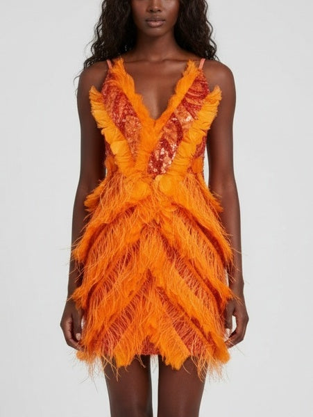Feather-Trim Sequin-Embellished Mini Dress in Orange