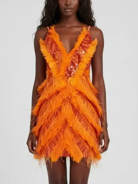 Feather-Trim Sequin-Embellished Mini Dress in Orange - Small - Dresses