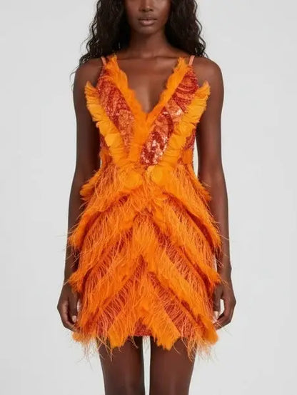 Feather-Trim Sequin-Embellished Mini Dress in Orange - Small - Dresses