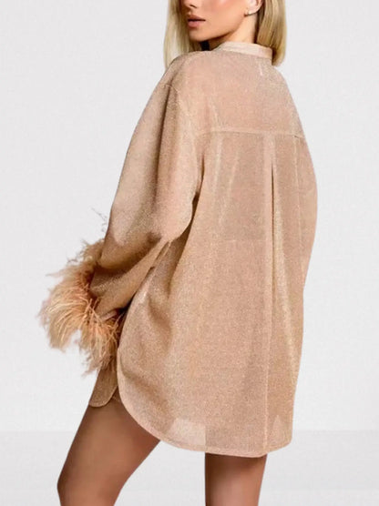 Feather-Trim Shimmer Button-Up Top - Tops