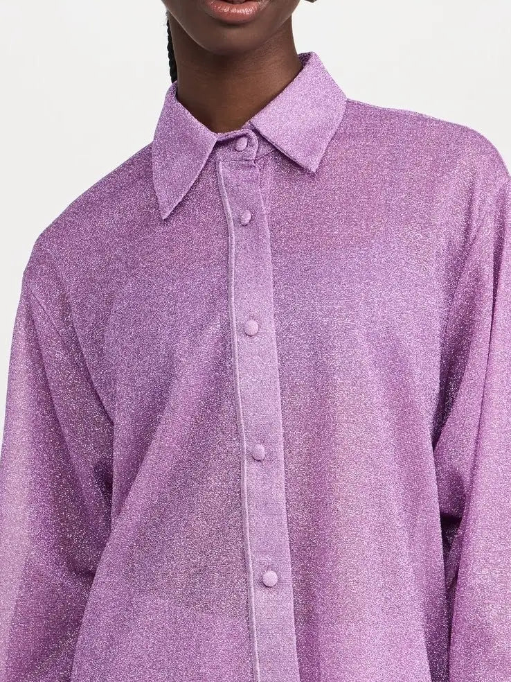 Feather-Trim Shimmer Button-Up Top - S / Lavender - Tops