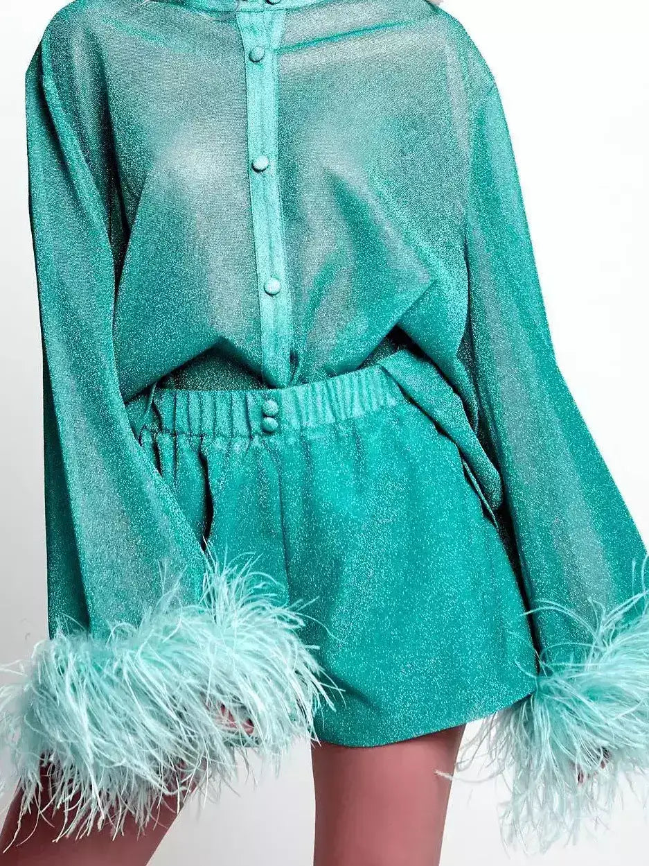 Feather-Trim Shimmer Button-Up Top - Tops