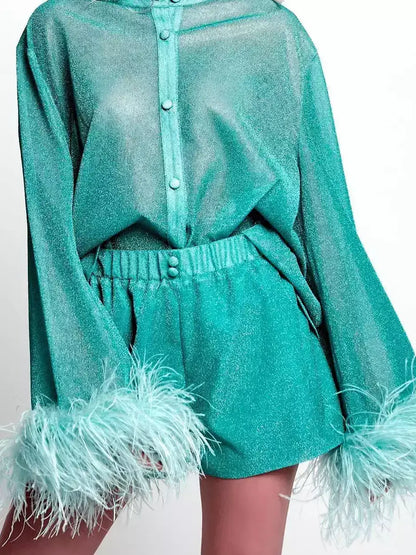 Feather-Trim Shimmer Button-Up Top - Tops