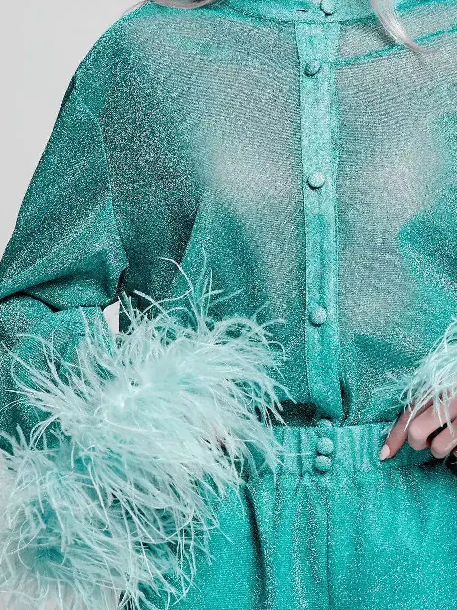 Feather-Trim Shimmer Button-Up Top - Tops