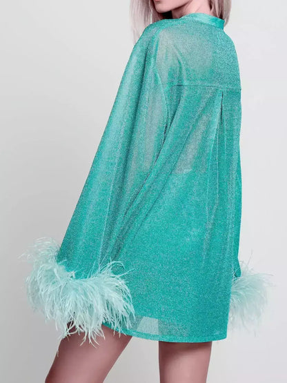 Feather-Trim Shimmer Button-Up Top - Tops