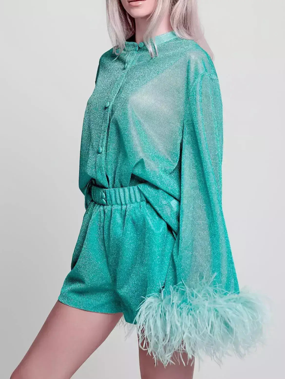 Feather-Trim Shimmer Button-Up Top - S / Mint green - Tops
