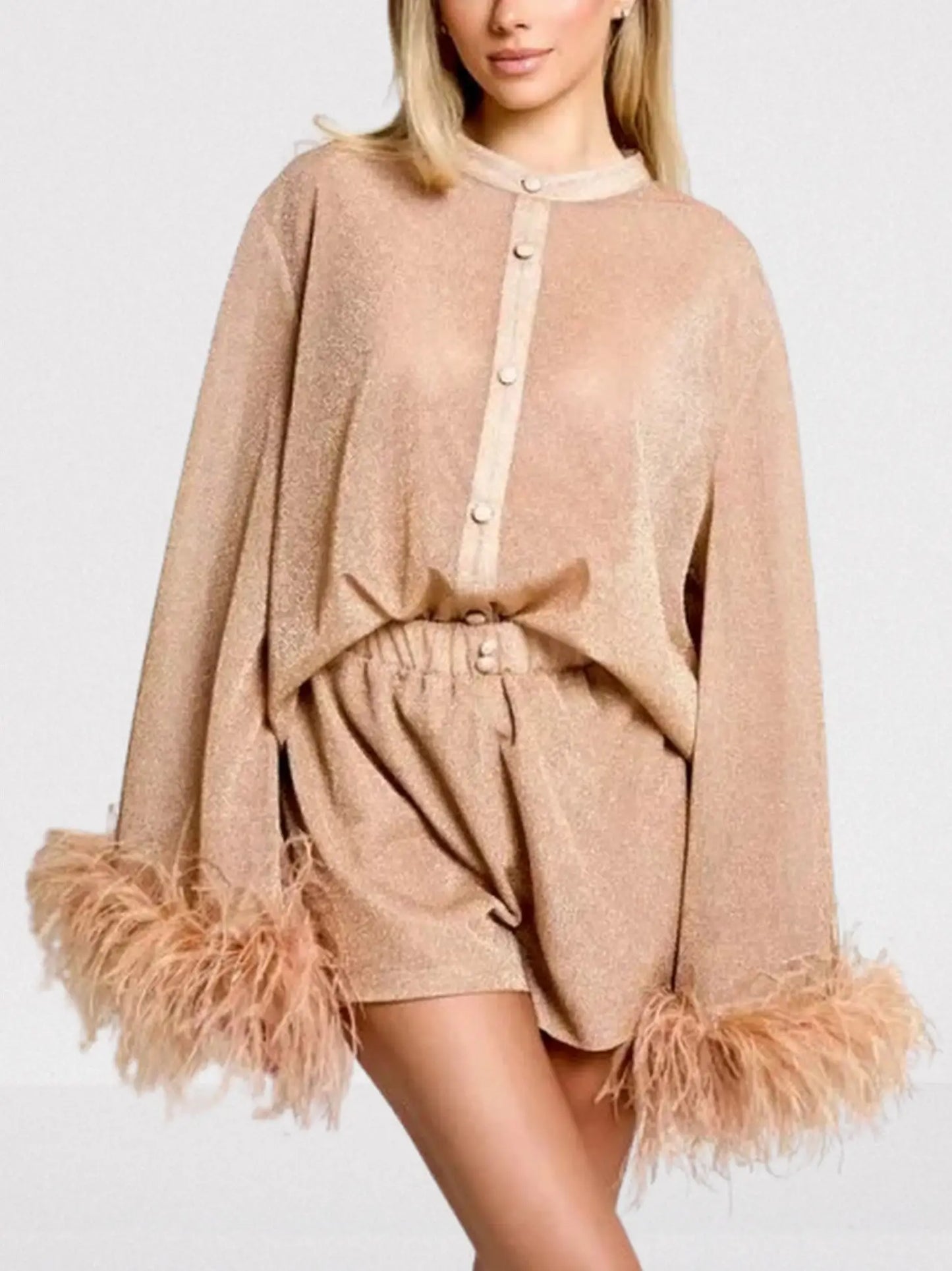 Feather-Trim Shimmer Button-Up Top - Tops