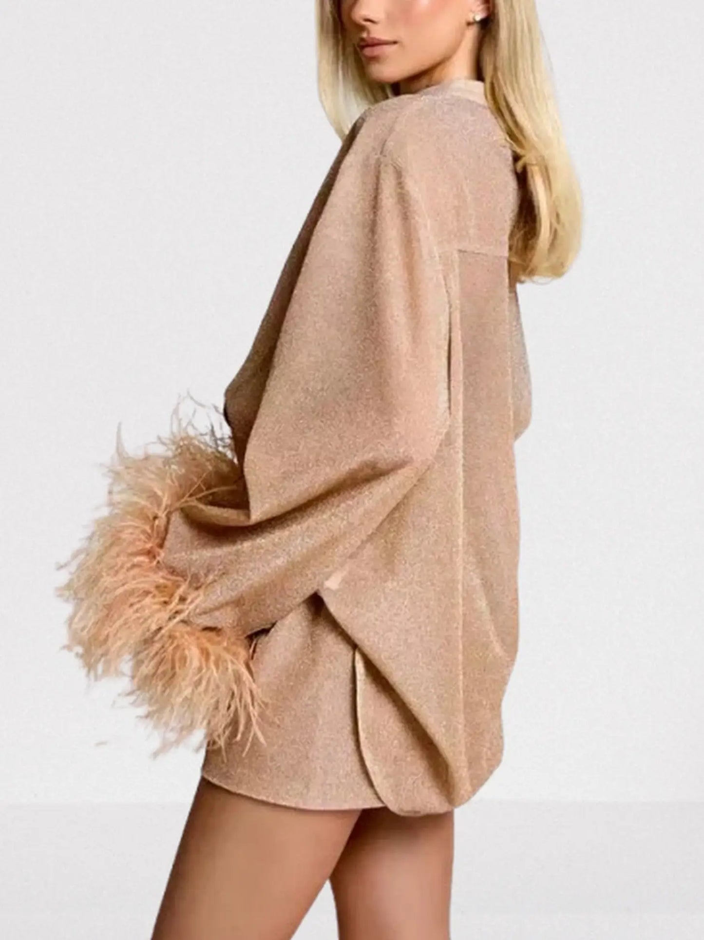 Feather-Trim Shimmer Button-Up Top - Tops