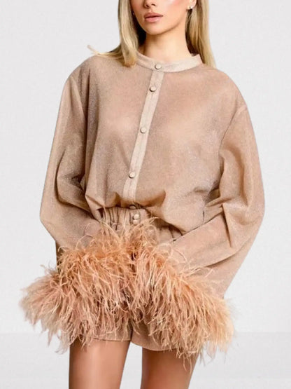 Feather-Trim Shimmer Button-Up Top - S / Beige - Tops