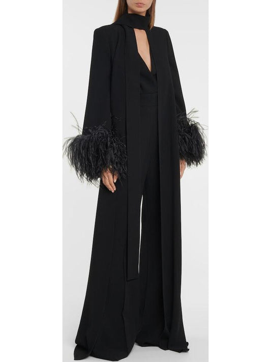 Feather-Trimmed Crêpe Black Jumpsuit - Branna Couture