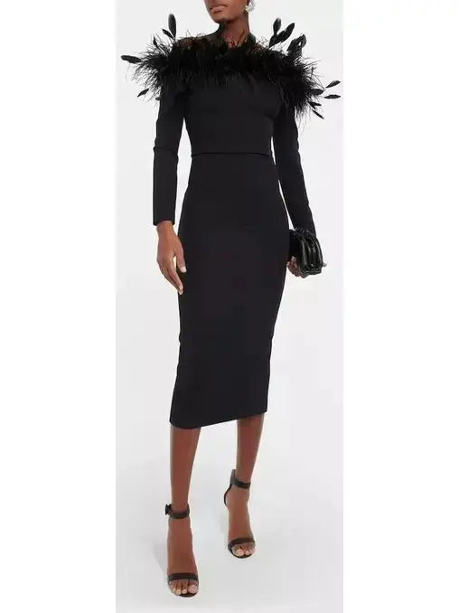 Feather-Trimmed Midi Dress, Black - Branna Couture