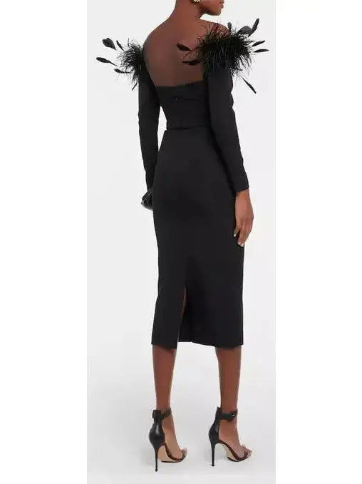 Feather-Trimmed Midi Dress, Black - Branna Couture