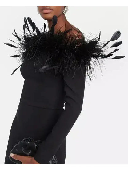 Feather-Trimmed Midi Dress, Black - Branna Couture