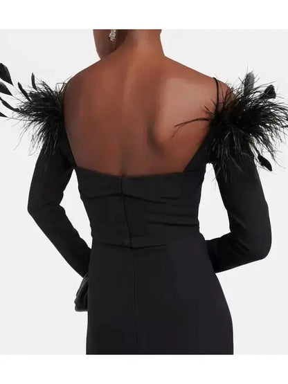 Feather-Trimmed Midi Dress, Black - Branna Couture