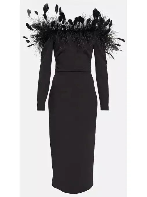 Feather-Trimmed Midi Dress, Black - Branna Couture