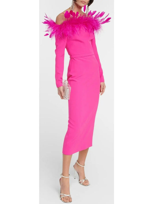 Feather-Trimmed Midi Dress, Pink - Branna Couture