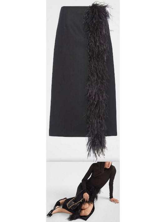 Feather-Trimmed Midi Skirt, Black - Branna Couture