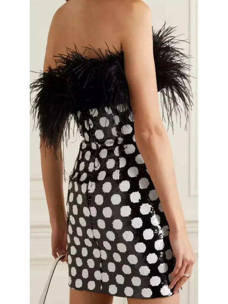 Feather-Trimmed Polka-Dot Sequined Mini Dress - Branna Couture