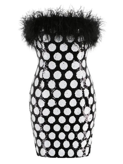 Feather-Trimmed Polka-Dot Sequined Mini Dress - Branna Couture