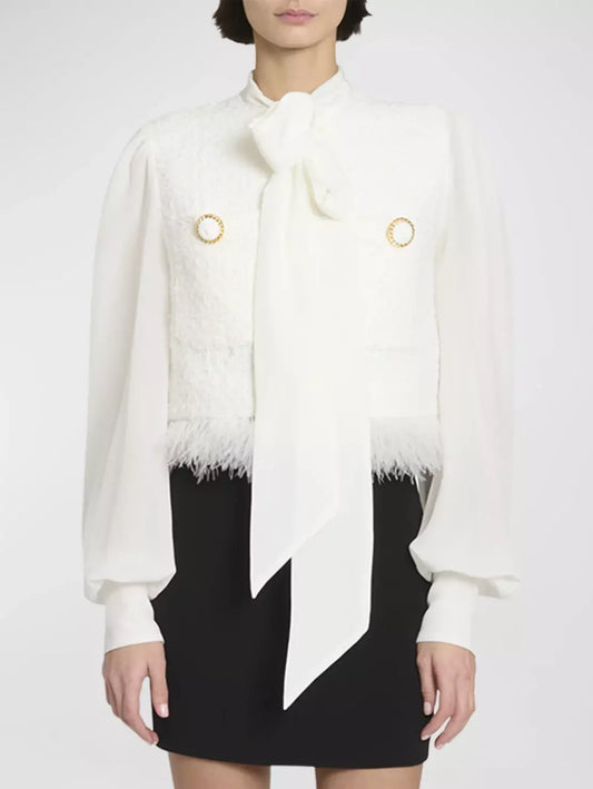 Feather Fringed Tweed Jacket with Blouse-Sleeves and Neck Tie - Branna Couture