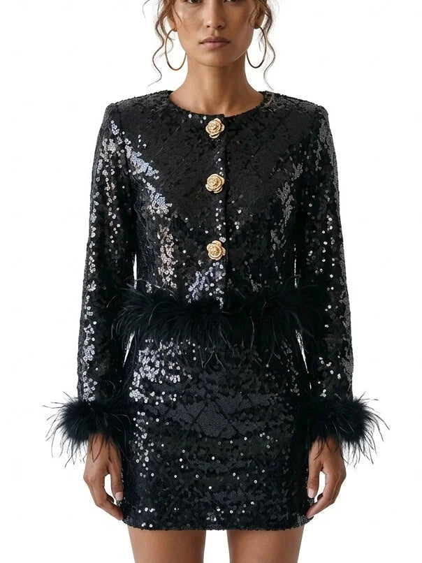 Feather Trim Black Sequin Jacket and Mini Skirt Set - S - Suits & Sets