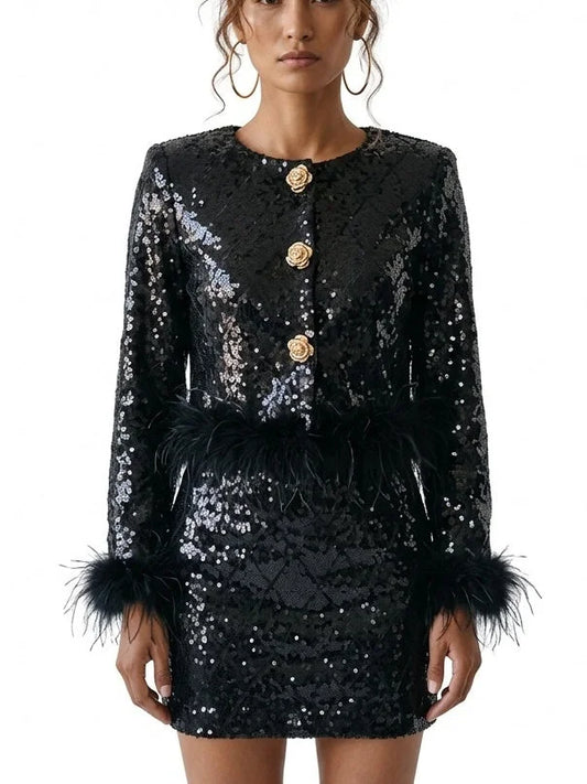 Feather Trim Black Sequin Jacket and Mini Skirt Set - S - Suits & Sets