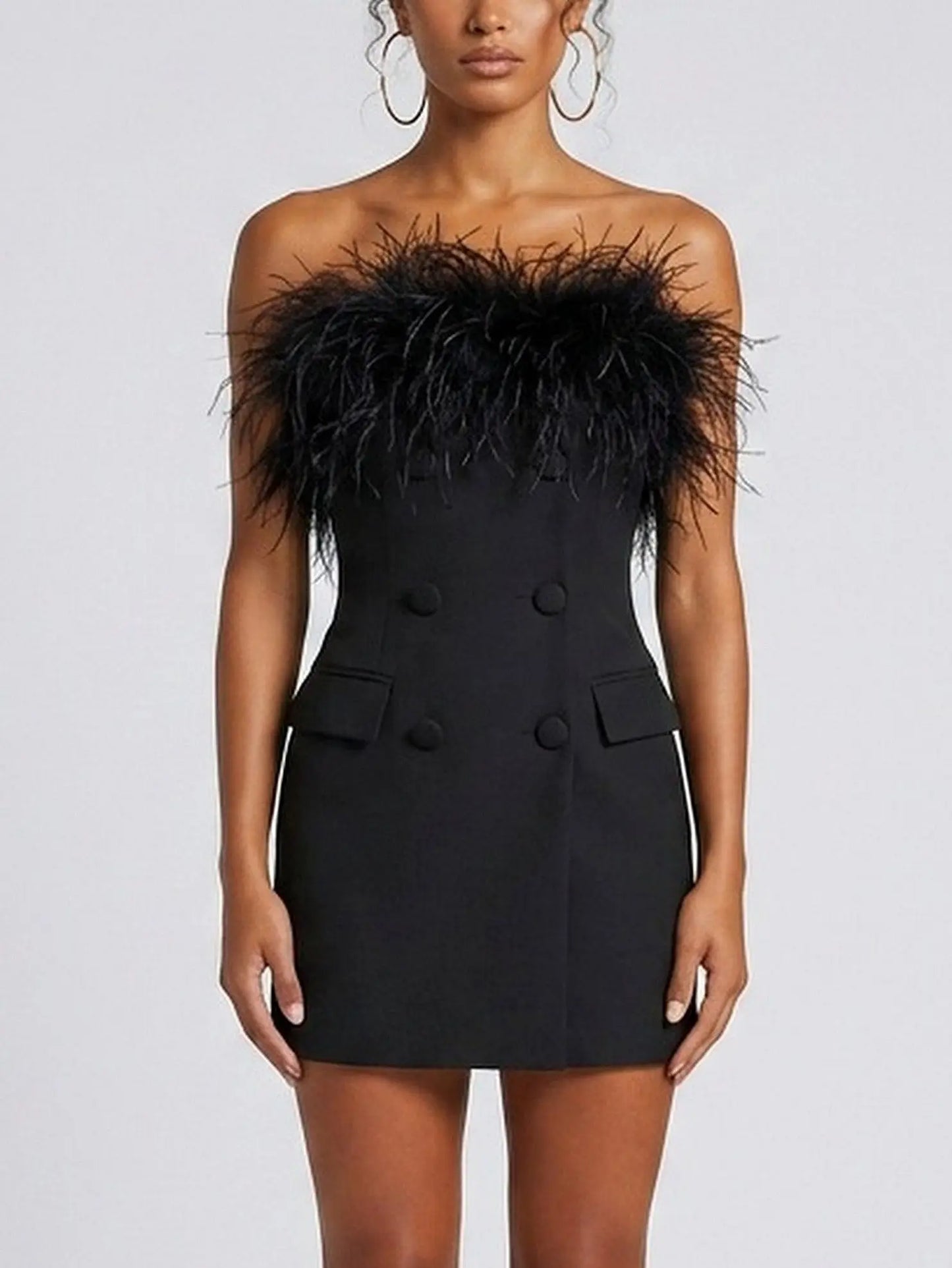 Feather Trim Black Strapless Mini Dress - Small - Dresses
