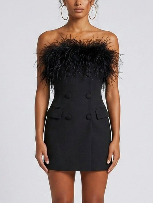 Feather Trim Black Strapless Mini Dress - Small - Dresses