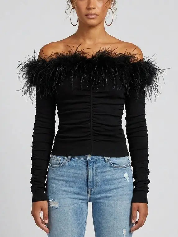 Feather Trim Off Shoulder Ruched Jersey Top in Black - Small - Tops