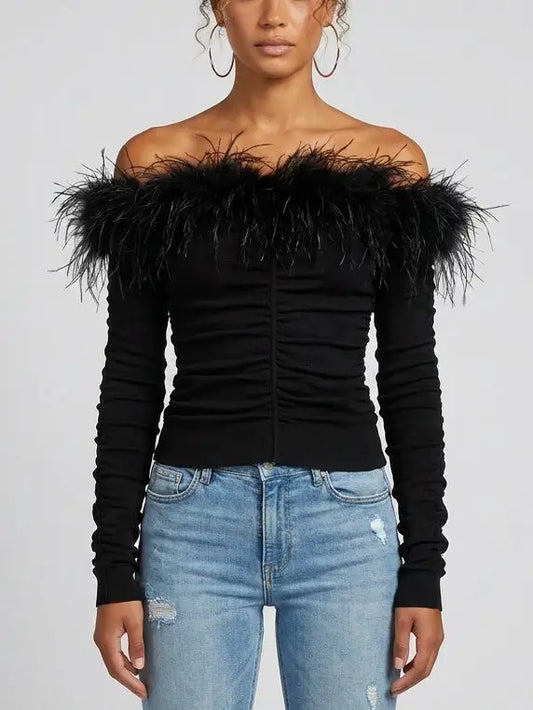 Feather Trim Off Shoulder Ruched Jersey Top in Black - Small - Tops