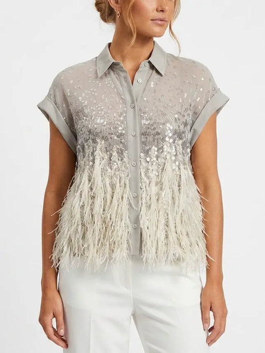 Feather Trim Sequin Sleeveless Silk Shirt - Small - Tops
