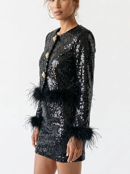 Feather Trim Black Sequin Jacket and Mini Skirt Set - Suits & Sets