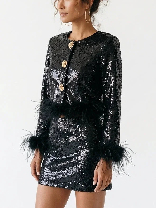 Feather Trim Black Sequin Jacket and Mini Skirt Set - Suits & Sets