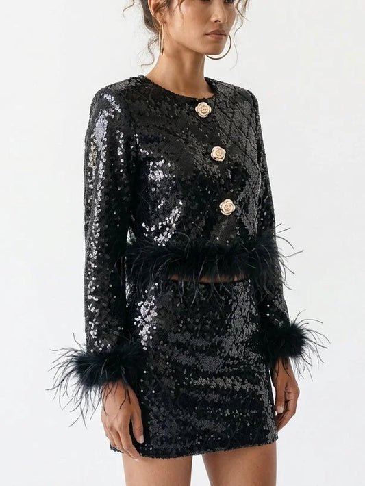 Feather Trim Black Sequin Jacket and Mini Skirt Set - Suits & Sets