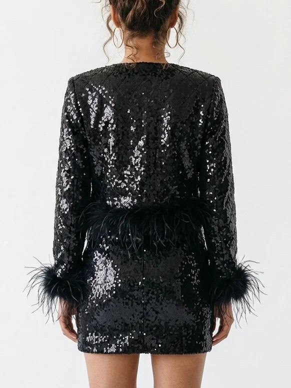 Feather Trim Black Sequin Jacket and Mini Skirt Set - Suits & Sets